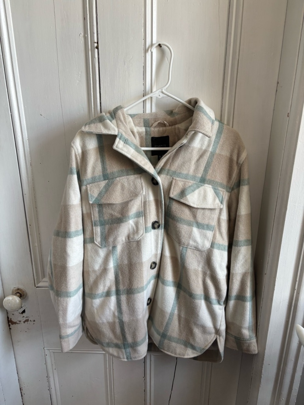 Dynamite Cream Plaid Utility Shacket with Light Blue Accents